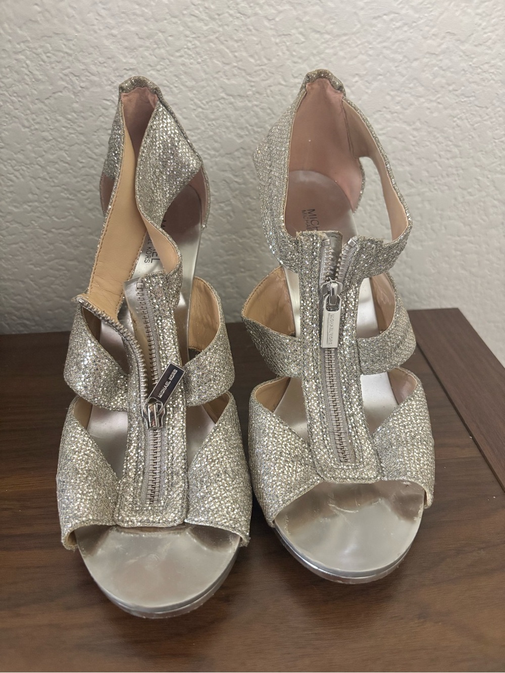 Michael Kors Silver Glitter Zip-Strap Platform Heels